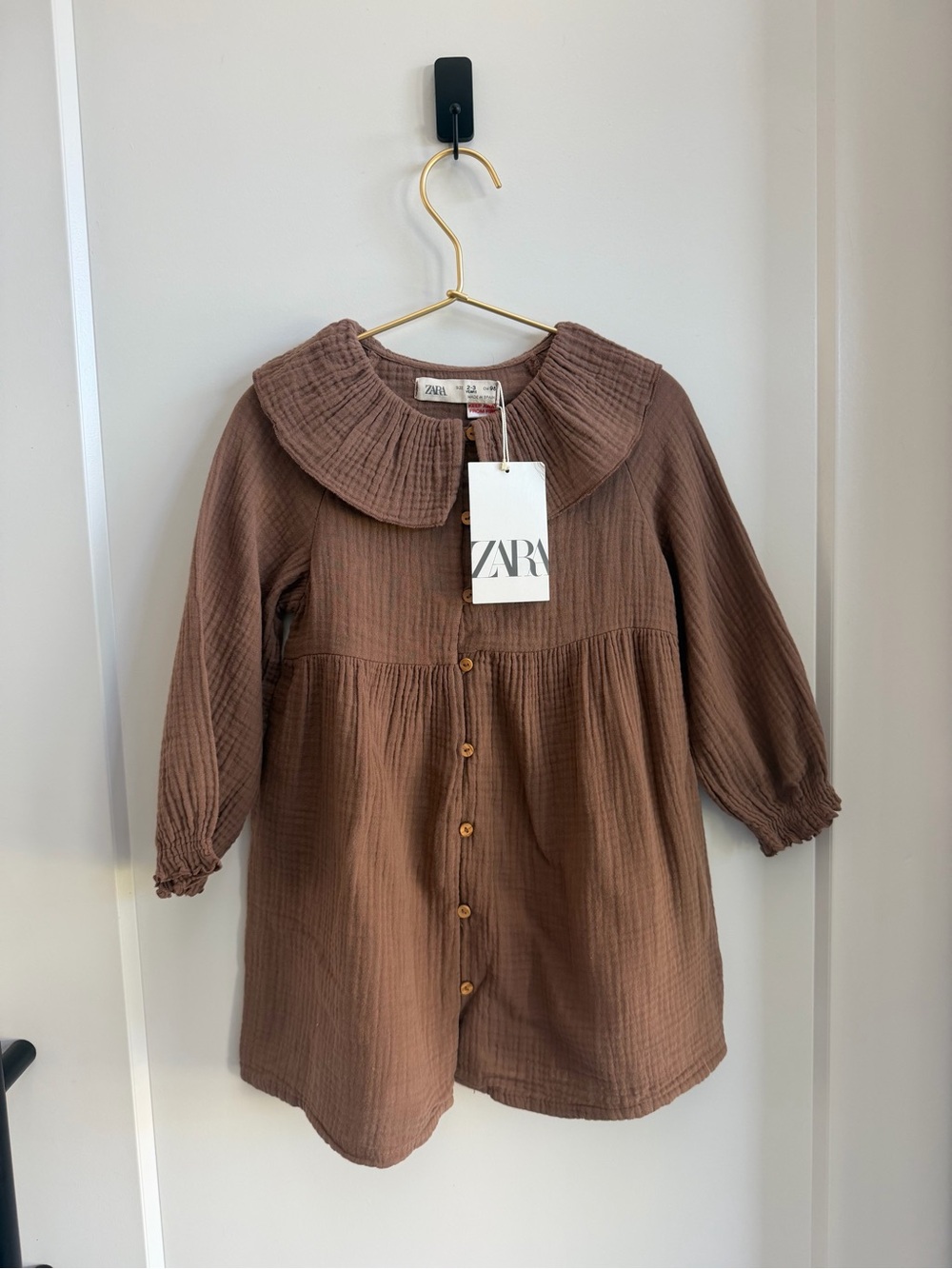 🤎 Girls 2-3 Zara Brown Button-Front Girls Dress with Ruffled Collar